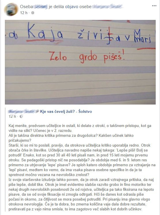 Učiteljica je tako kritizirala pisavo. FOTO: Facebook