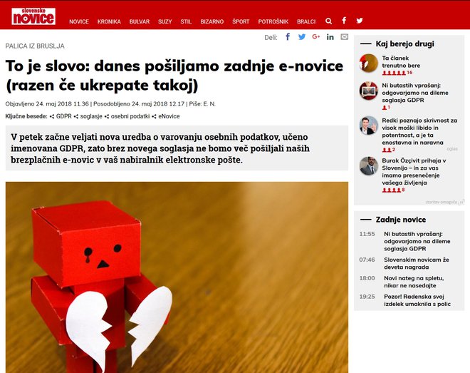 Tudi za sveže Slovenske novice v vašem elektronskem poštnem nabiralniku morate podati soglasje! FOTO: Splet