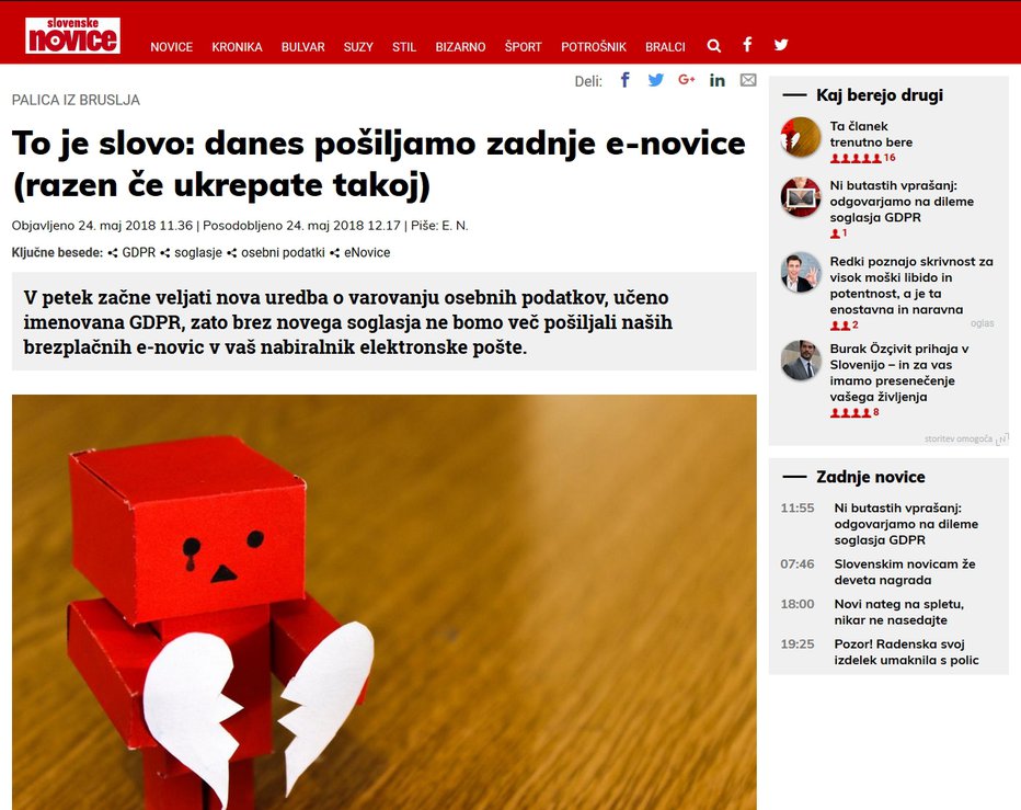 Fotografija: Tudi za sveže Slovenske novice v vašem elektronskem poštnem nabiralniku morate podati soglasje! FOTO: Splet