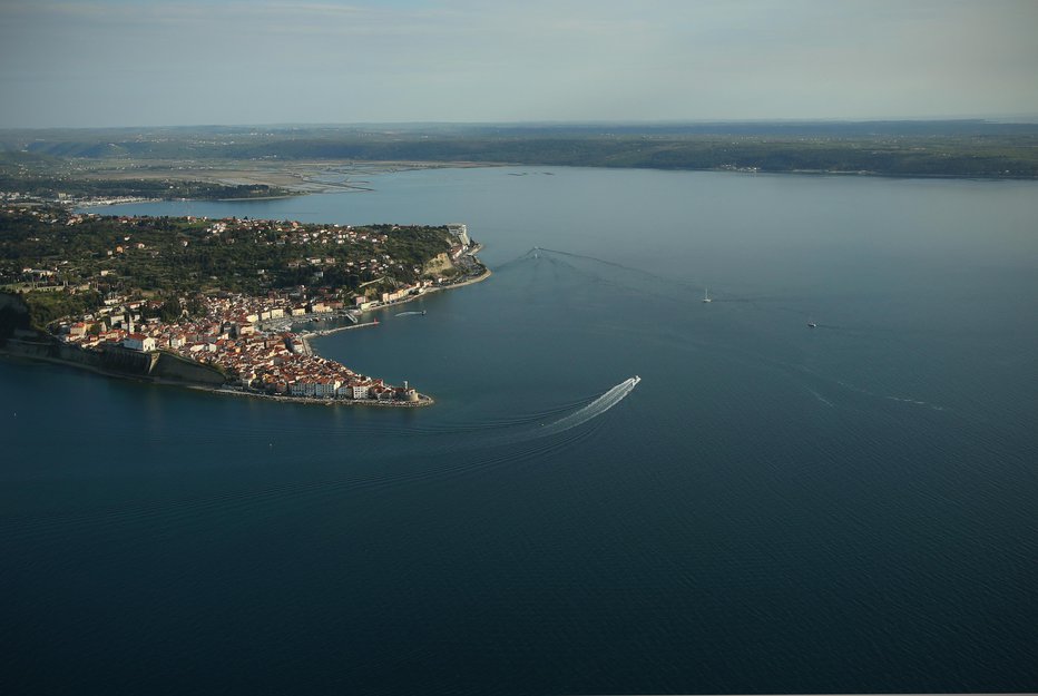 Fotografija: Piranski zaliv iz zraka. FOTO: Jure Eržen, Delo