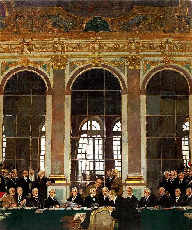 Podpisovanje mirovne pogodbe v versajski Zrcalni dvorani FOTO: Wikipedija