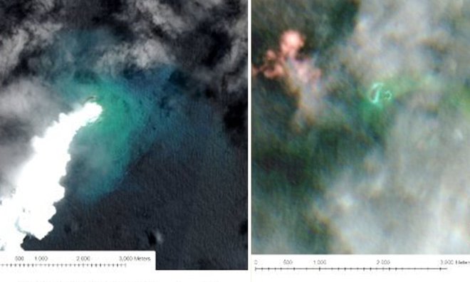 Satelitski posnetki kažejo izbruh vulkana (levo) in nastanek novega otoka (desno).