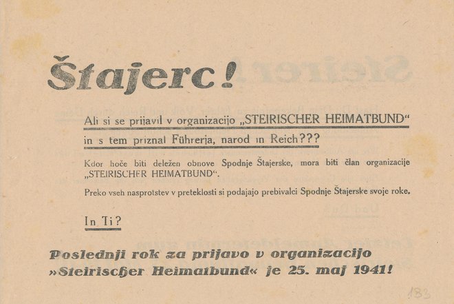 Poziv za prijavo v Štajersko domovinsko zvezo FOTO: Muzej NO Maribor
