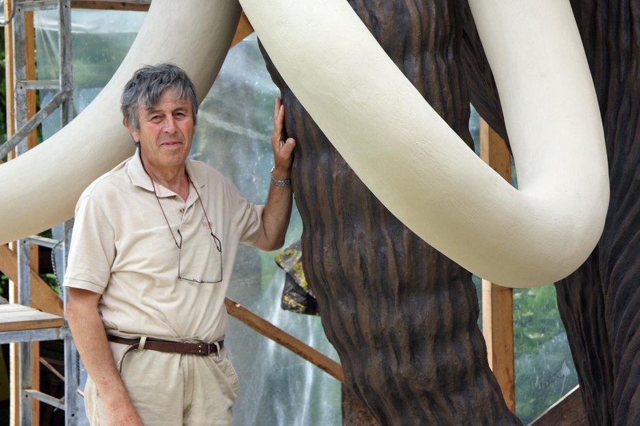 Fotografija: Kipar Miha Kač iz Bistričice pri Stahovici med okloma mamuta FOTO: Primož Hieng
