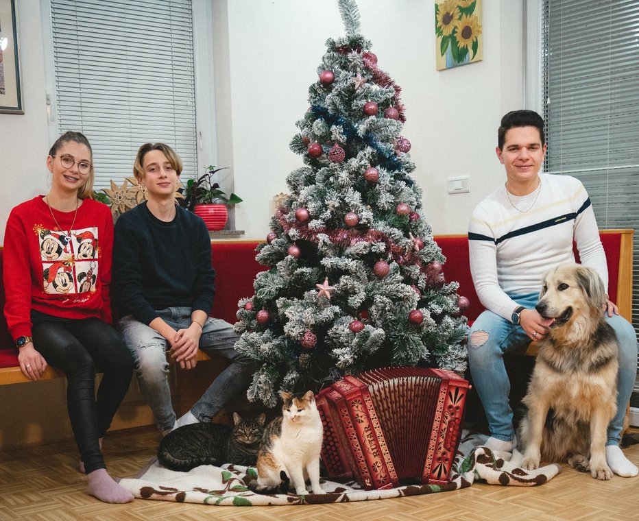 Fotografija: Pri Lenartovih so že postavili božično jelko, z Luko, Blažem in Niko pa se praznikov veselijo tudi njihovi domači ljubljenčki.
