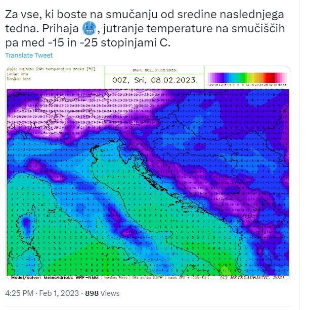 Na twitterju so Avtokampi napovedali polarni mraz, a Gregorčič miri, da ne bo tako hudo. FOTO: Zaslonski posnetek, Twitter
