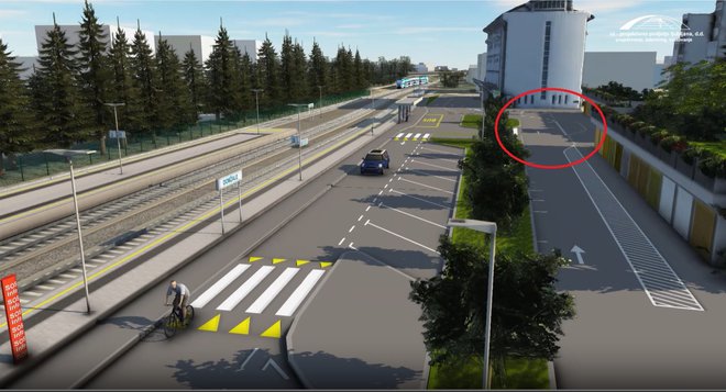 Na vizualizaciji nadgradnje železniške postaje Domžale je z rdečo označeno območje pred Lončarekovo garažo. FOTO: Direkcija Rs Za Infrastrukturo