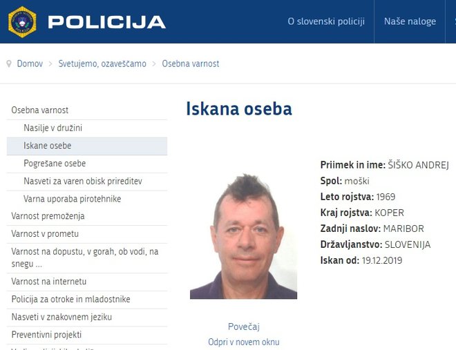 Zadnji dan letošnjega leta je Andrej Šiško še vedno na policijskem seznamu iskanih oseb. FOTO: Zaslonski posnetek