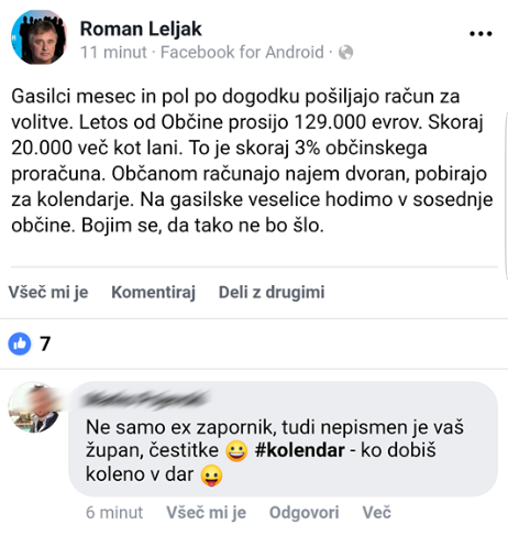 Roman Leljak se je pritoževal nad količino denarja, ki ga mora občina nameniti gasilcem. FOTO: Facebook