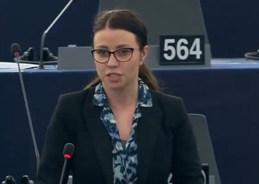 Fotografija: Irena Joveva v Evropskem parlamentu. FOTO: posnetek zaslona