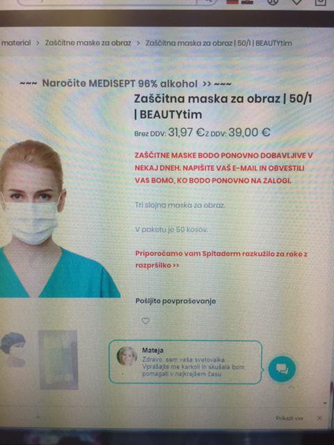 Fotografija: Na spletni strani podjetja Art Kozmetika so januarja komplet 50 zaščitnih mask prodajali za 3,11 evra, zdaj jih prodajajo po desetkratni ceni.