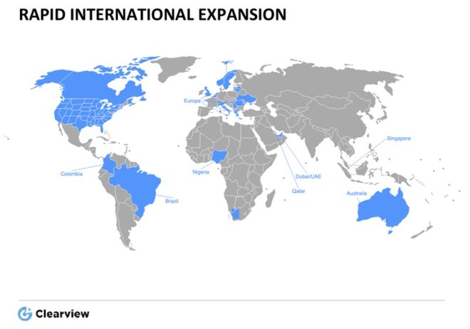 Zemljevid, ki ga je pridobil BuzzFeed News, naj bi prikazoval, v katere države se namerava širiti oz. sodelovati z njimi Clearview AI. Na njem je z modro, torej kot potencialna partnerica, označena tudi Slovenija. FOTO: Buzzfeed News