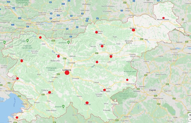 16 lokacij po Sloveniji, kjer bodo jemali brise za testiranje na koronavirus. FOTO: Zaslonski posnetek