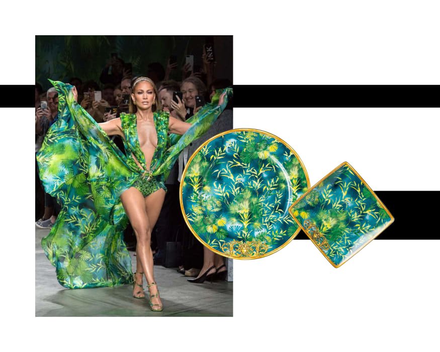 Fotografija: Vzorec, ki je krasil obleko ameriške pevke in igralke Jennifer Lopez, ko se je leta 2000 sprehodila po rdeči preprogi na podelitvi grammyjev, so zdaj prenesli na porcelan. FOTO: Arhiv Versace