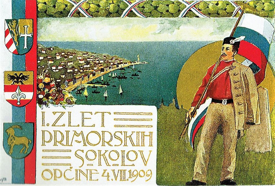 Fotografija: Spominska razglednica ob zborovanju primorskega Sokola leta 1909 na Opčinah