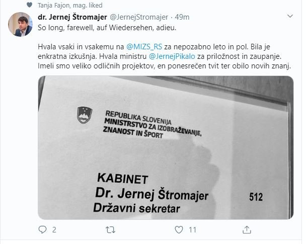 Od funkcije se je poslovil tudi Jernej Štromajer v kabinetu ministra Jerneja Pikala. FOTO: Twitter