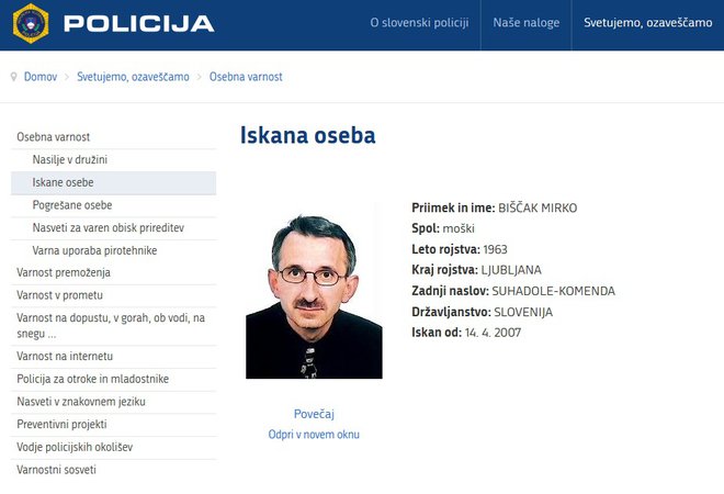 Aktualna objava na spletni strani policija.si