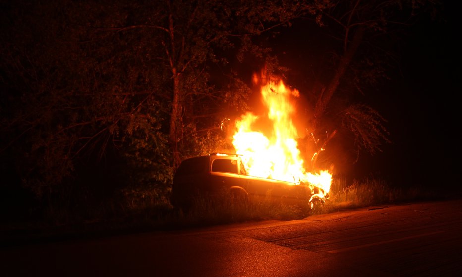 Fotografija: Avto so po nesreči zajeli plameni. FOTO: PU Novo mesto