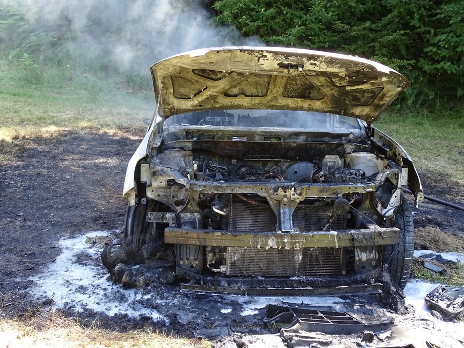 Fotografija: V avtu, ki je zgorel, je bila oseba. FOTO: PGE Krško