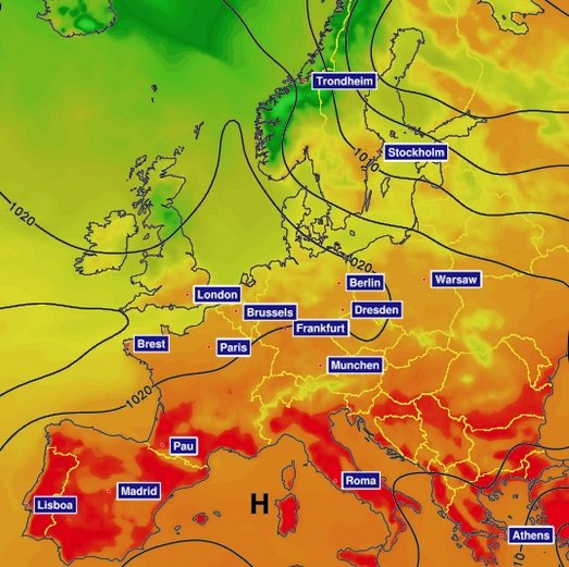 Danes ob 14. uri po Evropi, vročini bomo v Sloveniji ubežali. FOTO: The Weather