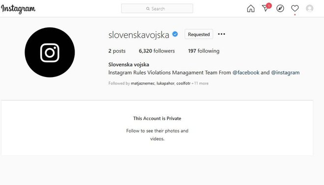 Izbrisan račun Slovenske vojske na instagramu. FOTO: Instagram