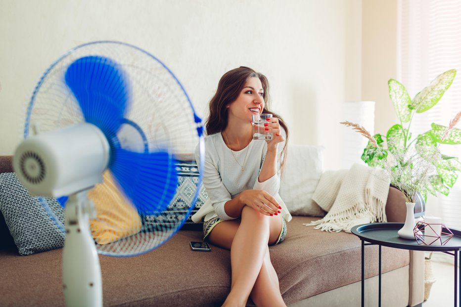 Fotografija: Za hlajenje poskrbimo z ventilatorjem, ne pozabimo dovolj piti. FOTO: Maryviolet/Getty Images