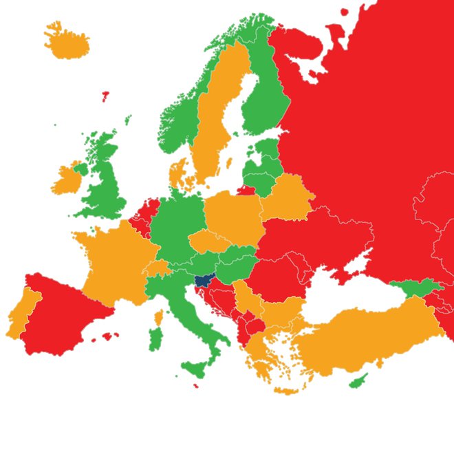 Tako je obarvana Evropa (zeleni, rumeni in rdeči seznam so bili posodobljeni včeraj). FOTO: Urad vlade za koumuniciranje