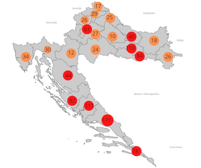 Hrvaška je obarvana oranžno in rdeče. FOTO: Koronavirus.hr