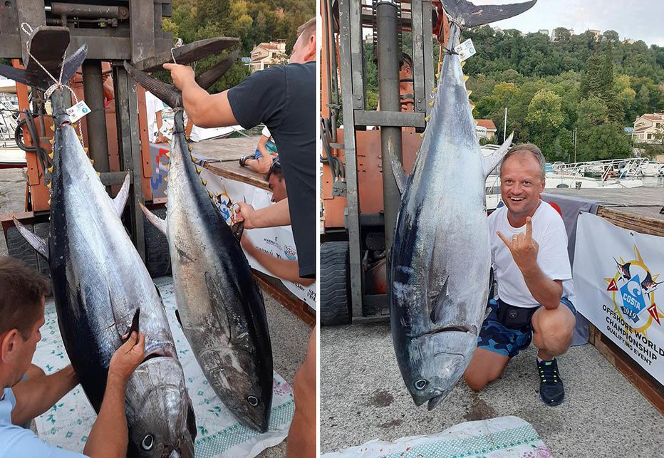 Fotografija: Ulovljeni tuni, na desni fotografiji Igor Felker iz ekipe Rogi ribaru
