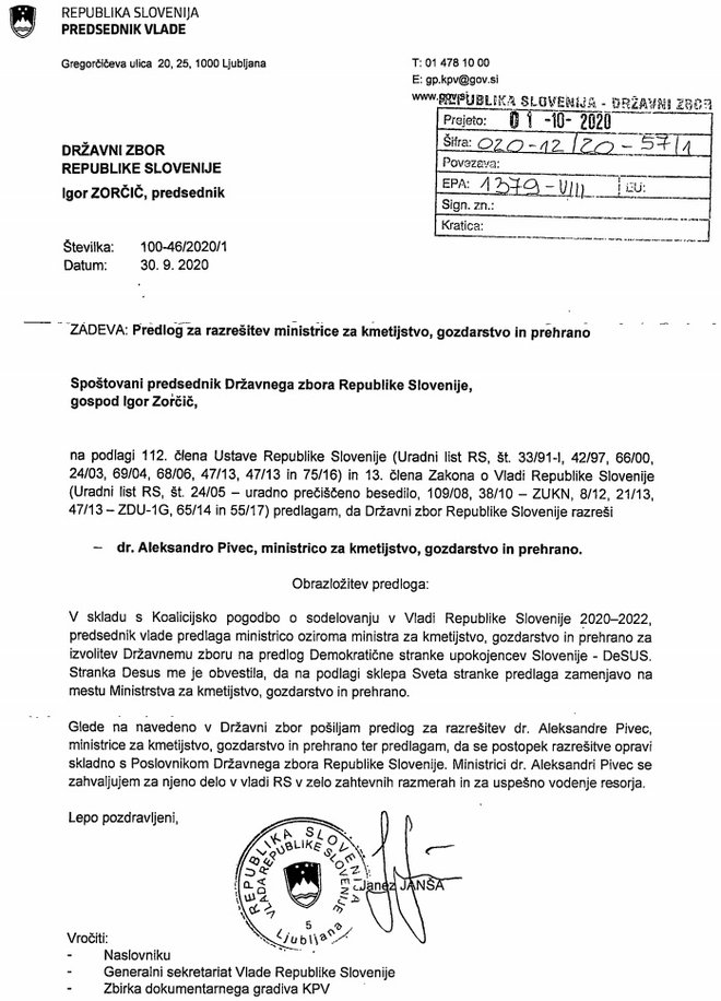 Dokument, ki ga je Janez Janša poslal v državni zbor. FOTO: Zaslonski Posnetek