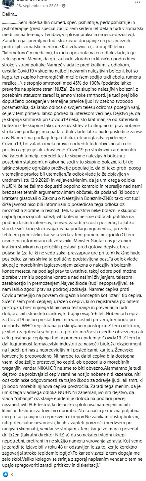 Zapis zdravnice Biserke Ilin s 40-letnimi izkušnjami v zdravstvu. FOTO: Facebook, posnetek zaslona