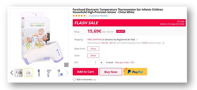 FOTO: za dobrih 15 evrov smo pri Kitajcih naročili brezkontaktni termometer. Preverili bomo, kako deluje.