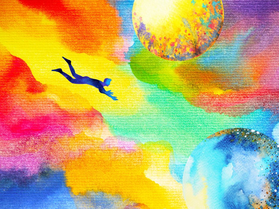 Fotografija: man flying in abstract colorful dream universe illustration watercolor painting design hand drawn