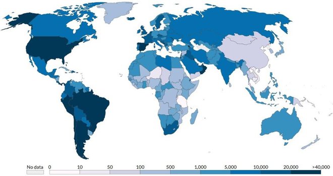 Kumulativa potrjenih primerov na milijon prebivalcev. FOTO: Ourworldindata.org