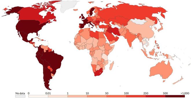 Skupno število smrti na milijon prebivalcev. FOTO: Ourworldindata.org