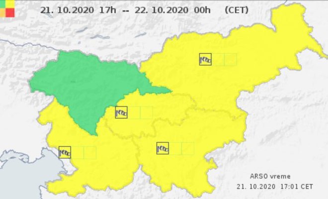 Večji del Slovenije je obarvan rumeno, kar pomeni, da bodite pripravljeni. FOTO: Meteo.si