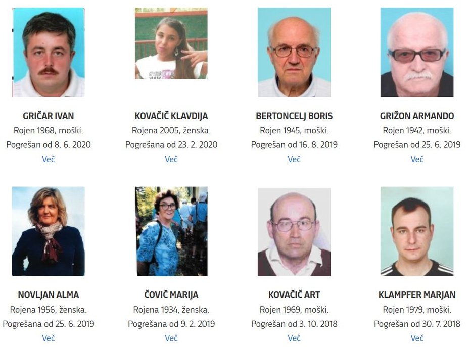 Fotografija: Na spletni strani policije je trenutno objavljenih 86 pogrešanih oseb. Najdlje pogrešajo Franca Selišnika, ki je pogrešan od leta 1969, in Džovano Rodič, ki je pogrešana od leta 1982. Takrat je bila stara 20 let. FOTO: Zaslonski posnetek