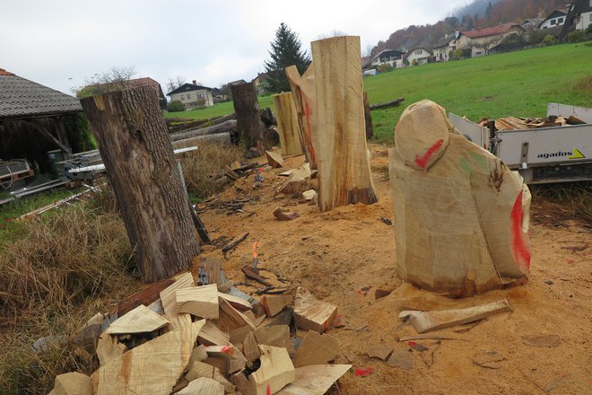 Za hišo nastajajo novi leseni kipi. FOTO: Špela Ankele