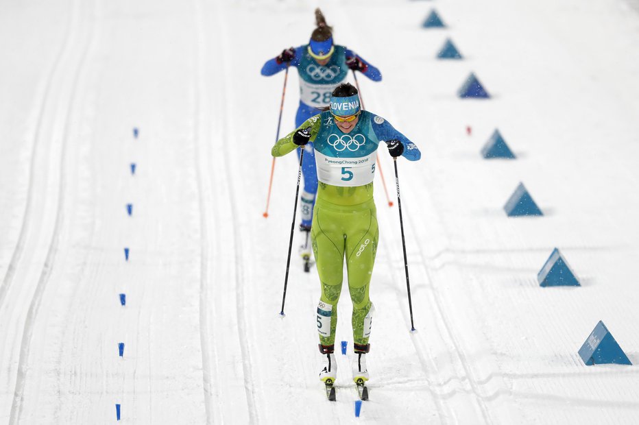 Fotografija: Katja Višnar med olimpijsko tekmo v sprintu, Pjongčang 13. februar 2018. FOTO: Matej Družnik