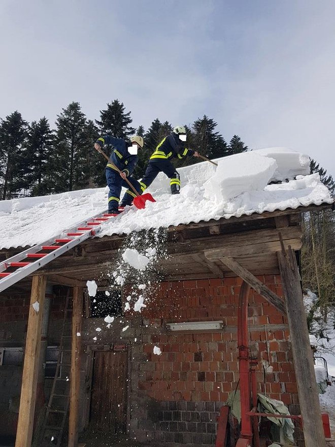 Na območju Vidma so gasilci s strehe gospodarskega poslopja odmetavali sneg. FOTO: PGD Leskovec