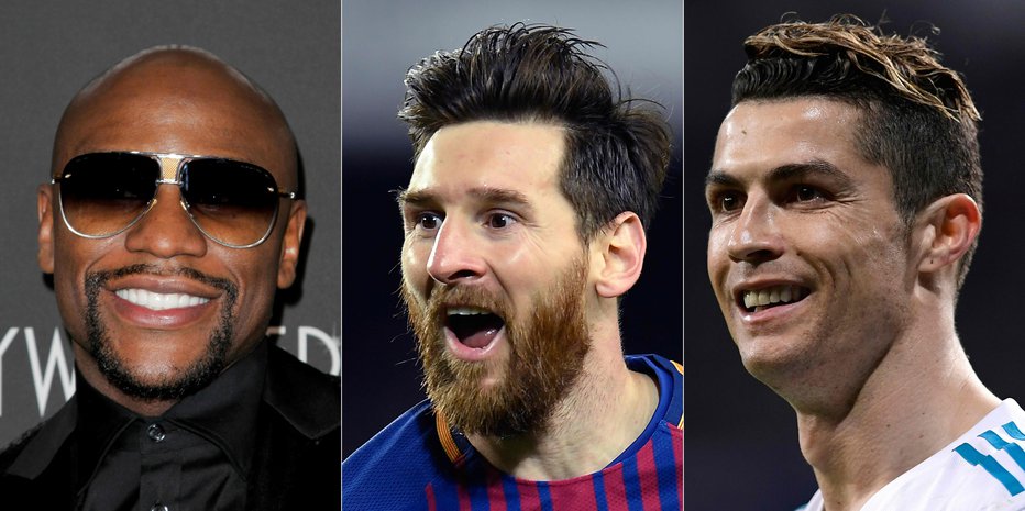 Fotografija: (COMBO) This combination of file pictures created on June 05, 2018 shows (L-R) former US boxer Floyd Mayweather in Los Angeles, California, on February 25, 2017; Barcelona's Argentinian forward Lionel Messi  in Barcelona on May 6, 2018; and Real Madrid's Portuguese forward Cristiano Ronaldo at Santiago Bernabeu stadium in Madrid on April 11, 2018.

Floyd Mayweather reclaimed his place at the top of Forbes' annual ranking of the 100 highest-paid athletes with $285 million on June 5, 2018, but no woman featured on the list for the first time. Messi was second with $111 million and Ronaldo third with $108 million. / AFP PHOTO