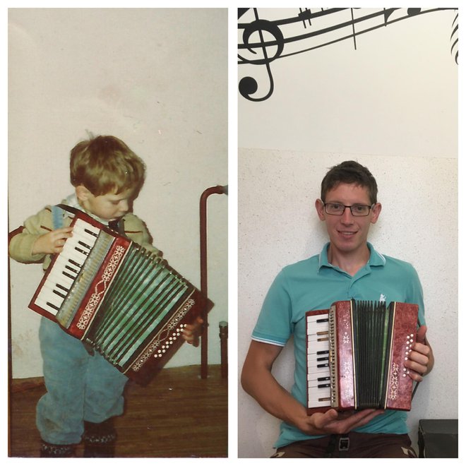 Janez Lekše na fotografiji s svojo prvo harmoniko, ko je imel komaj štiri leta, in danes. FOTO: Osebni arhiv