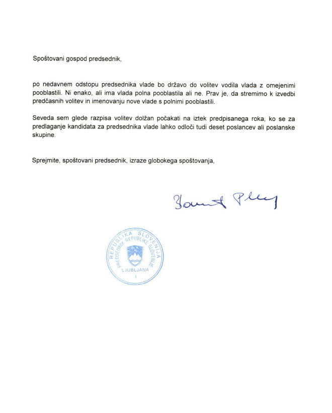 Pismo predsednika republike. FOTO: Urad predsednika RS