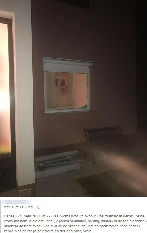 Fotografija: Okno, skozi katero je storilec vlomil. FOTO: Facebook