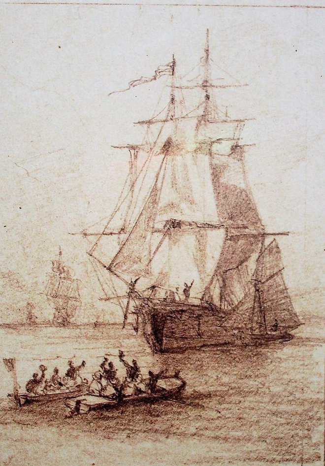 Ena od risb bitke, ki jo je narisal uradni slikar avstrijske mornarice Anton Perko.