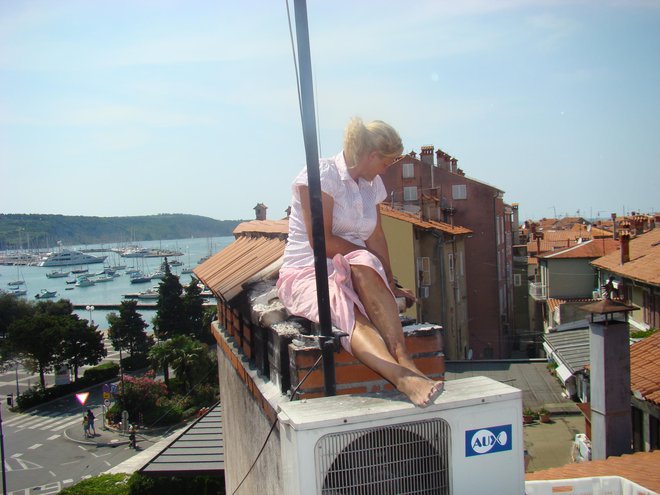 Tako je Elena sedela na dimniku leta 2009 in, kot trdi Krajcar, ovirala dela na njem.