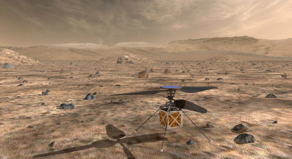 Fotografija: Helikopter ima vse potrebno za delovanje na Marsu, tudi sončne celice, ki polnijo litij- ionske baterije, pa seveda kamero. FOTO: Nasa
