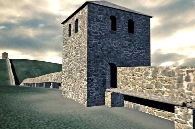 Digitalna rekonstrukcija poznorimskega zidu s stolpom na Pokojišču Vir: NMS