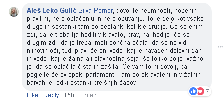 Zapis nekdanjega poslanca Aleša Guliča o pravilniku oblačenja v DZ. FOTO: Facebook, Aleš Gulič