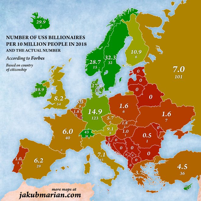 Število milijarderjev v letu 2018 v Evropi. FOTO: Jakub Marian